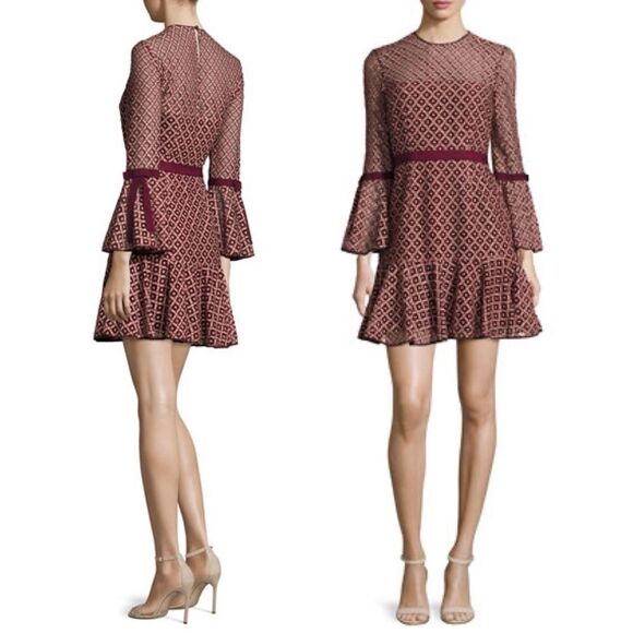 Cinq a Sept Cosette Dress Bell Sleeve Mulberry Pink Lace Overlay Babydoll Size 8 - Picture 1 of 14